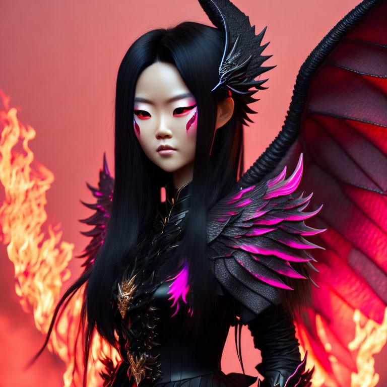 Woman in Dragon-Inspired Costume with Red Eyes and Flames on Red Background