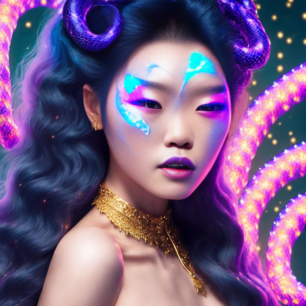 Woman with blue glowing makeup and gold jewelry amid luminous tentacles