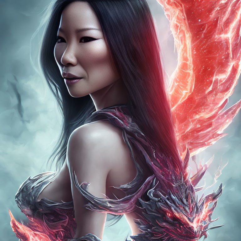 Digital artwork of a woman in intricate armor with fiery wing-like structure.