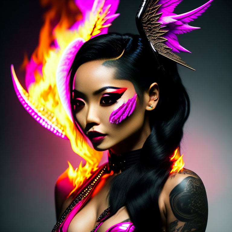 Woman with dramatic makeup and fiery feathered attire for a fierce, fantasy-inspired appearance