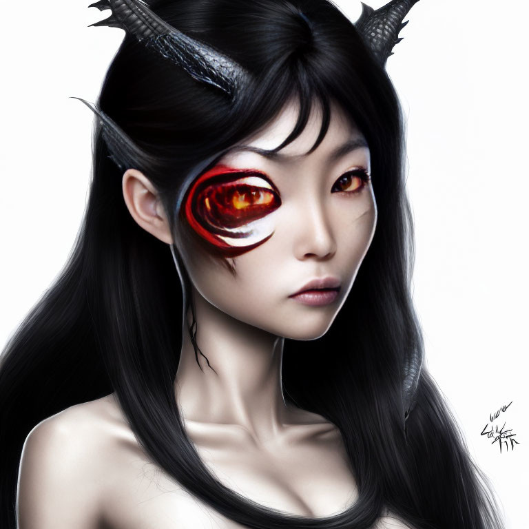 Fantasy character digital art: red glowing eye, horns, pale skin, black hair