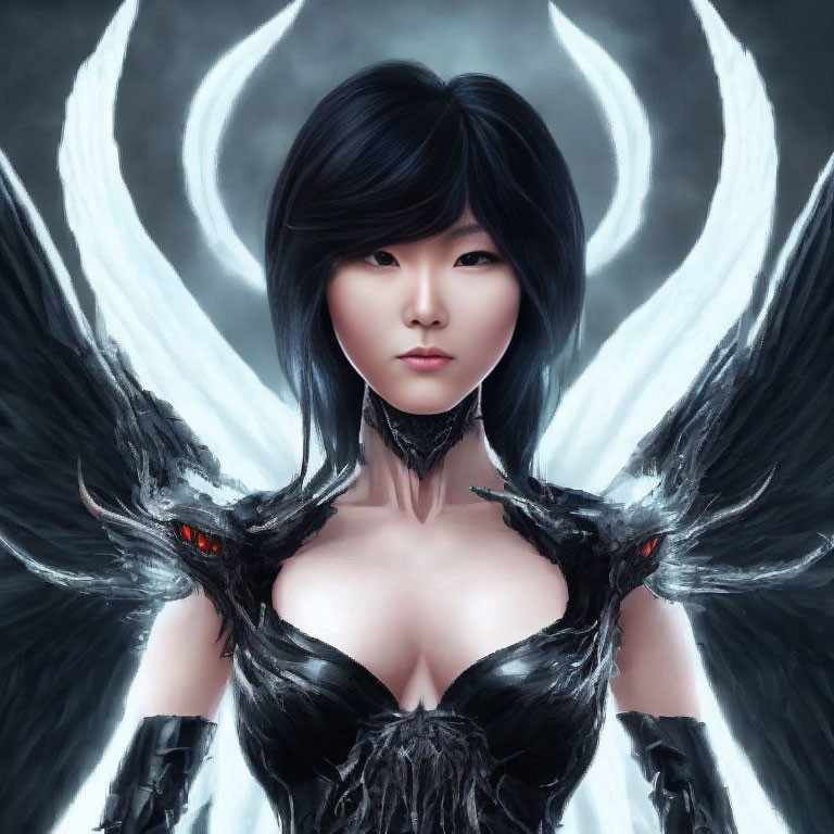 Digital artwork: Woman with dark hair, black feathered wings, dark armor, white glowing circular patterns