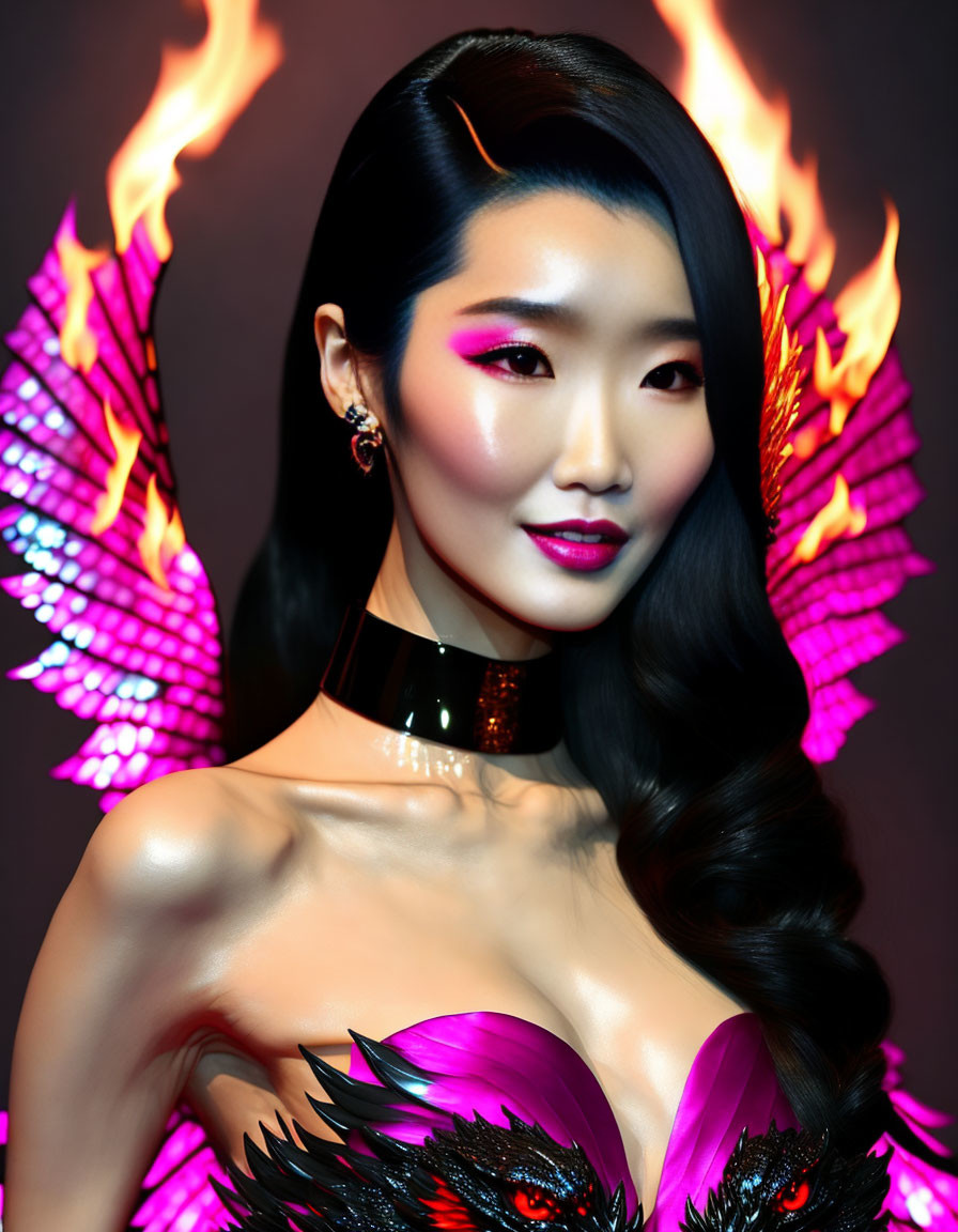 Stylized portrait of woman with fiery bird design top and choker