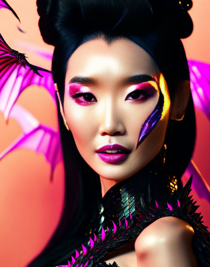 Glamorous Makeup with Pink Eyeshadow and Dragon-Wing Elements on Warm Background