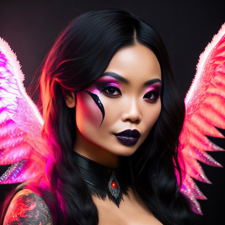 Dark-haired woman with purple eyeshadow and black lipstick, neon pink wings.