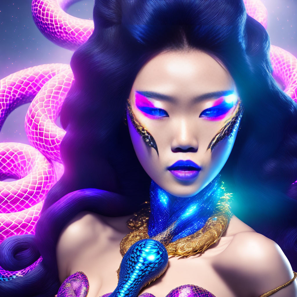 Blue-skinned woman with snake makeup and serpent on neck on purple background