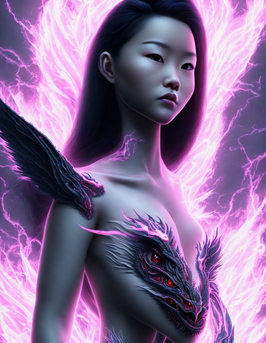 Mystical woman and dragon in pink energy aura