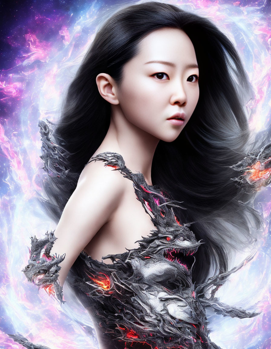 Digital art portrait: Woman with dark hair in dragon-themed armor on cosmic background