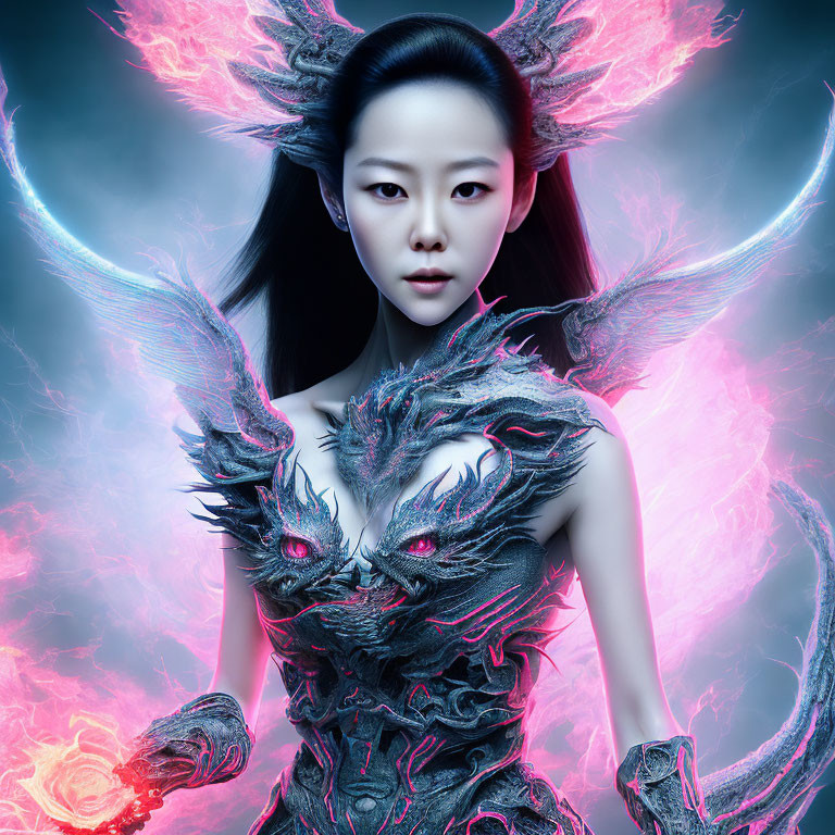 Digital artwork of a woman in black dragon-themed armor, surrounded by pink light and holding a fiery orb