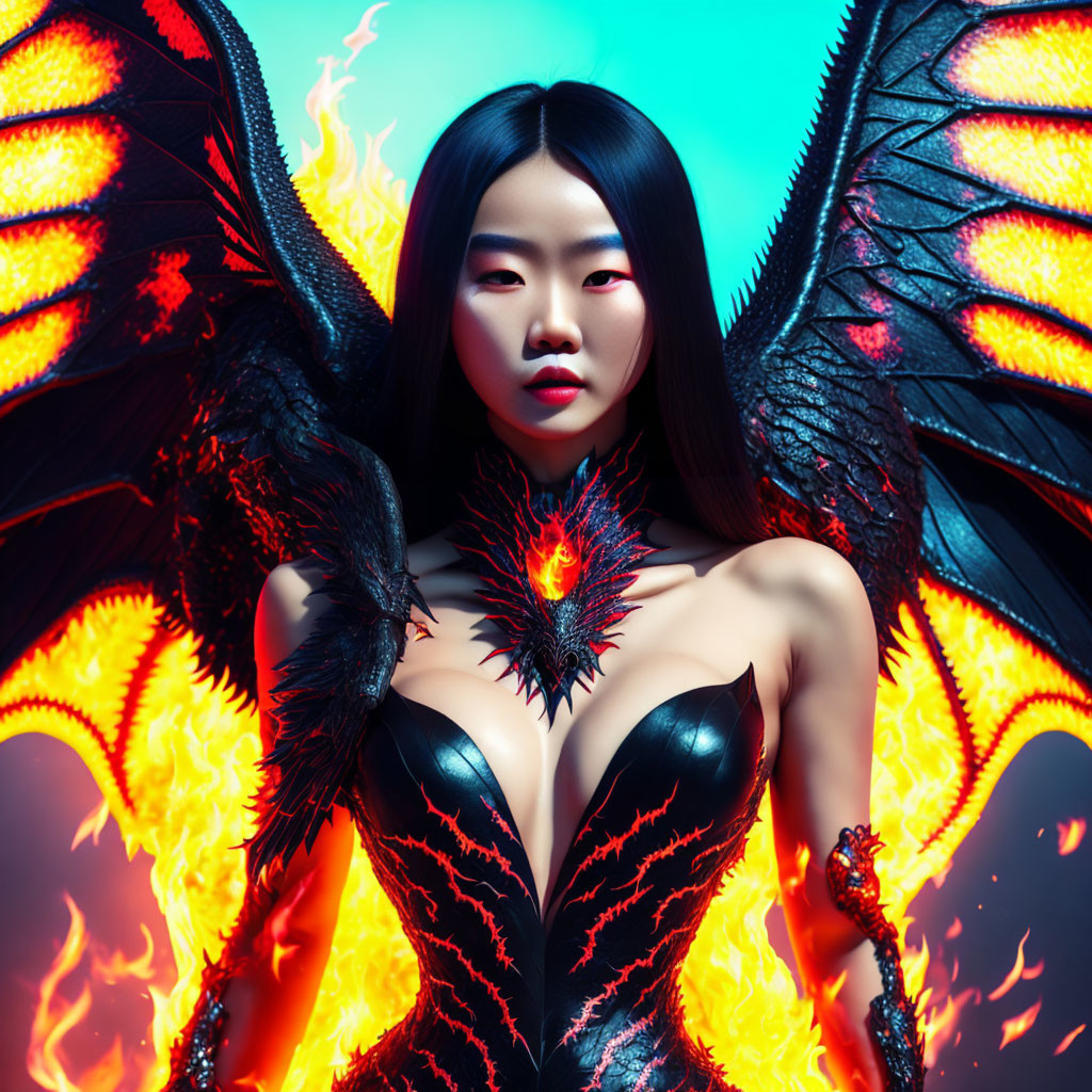 Dark-winged woman surrounded by flames holding a fiery heart with mystical aura