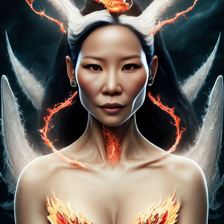 Fantasy portrait of woman with orange horns and wings in fiery dress