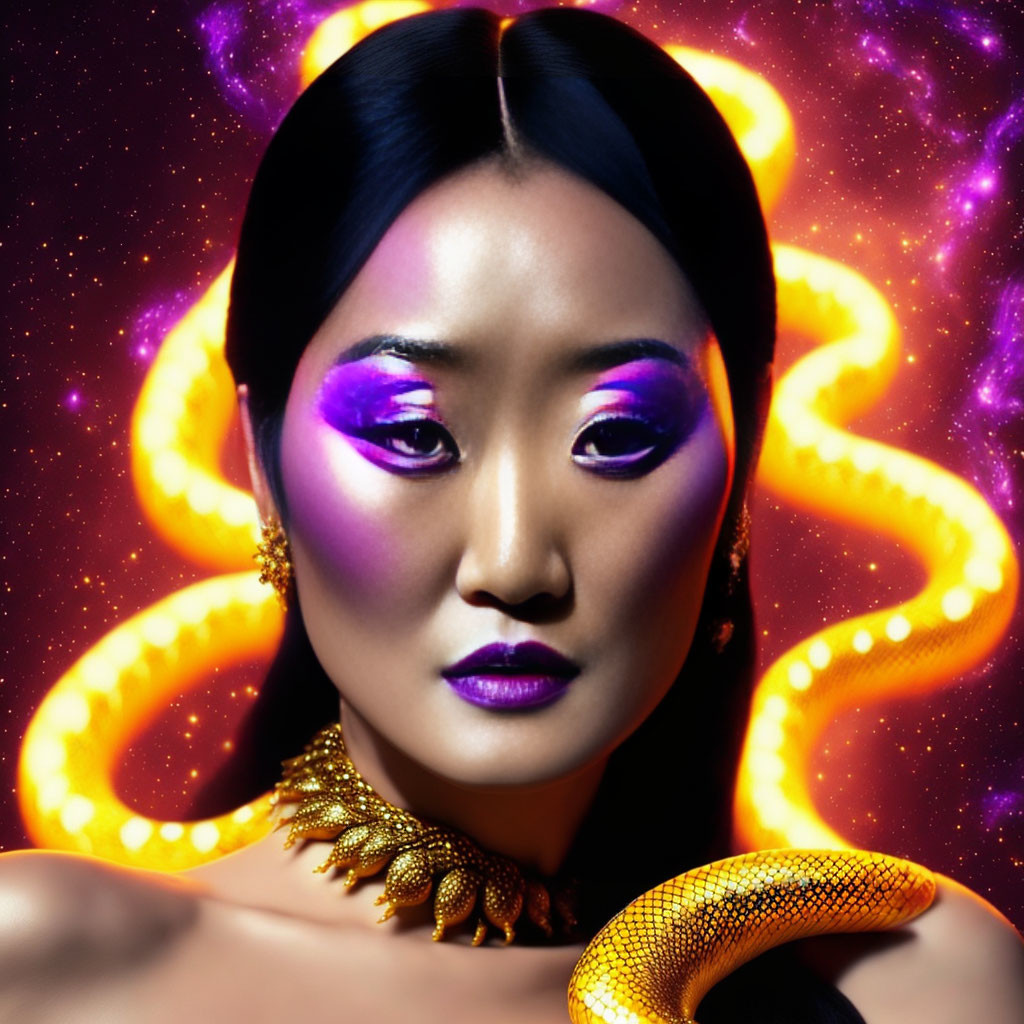 Bold purple makeup and golden snake jewelry on a woman in cosmic setting with swirling galaxies and golden snakes.