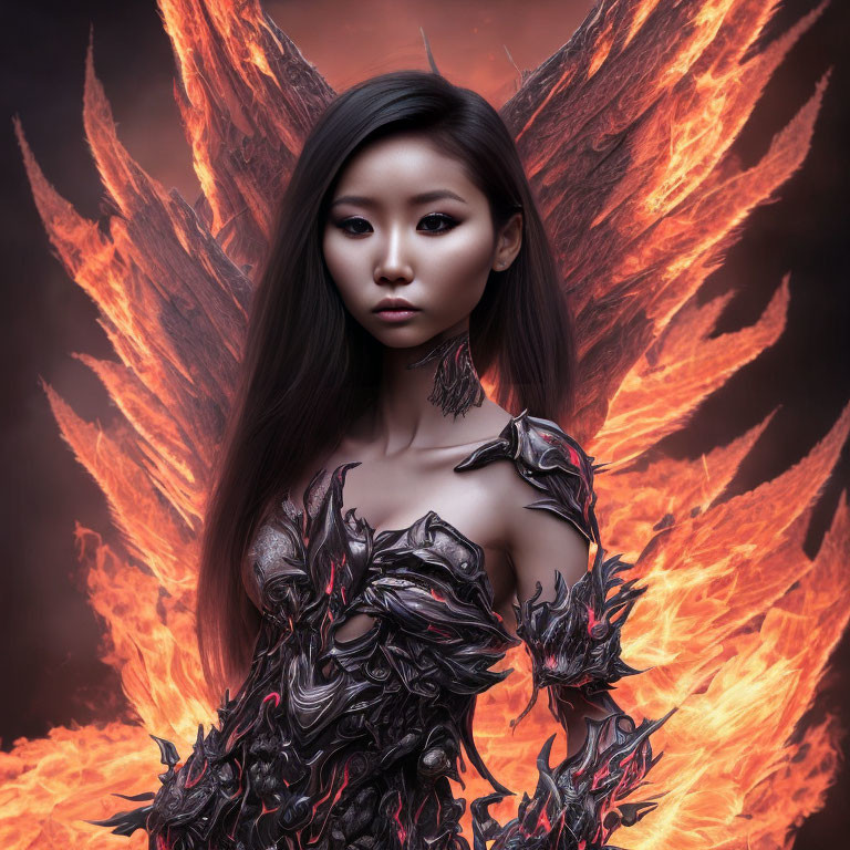 Dark-haired woman in black armor with fiery wing backdrop - fantasy phoenix theme