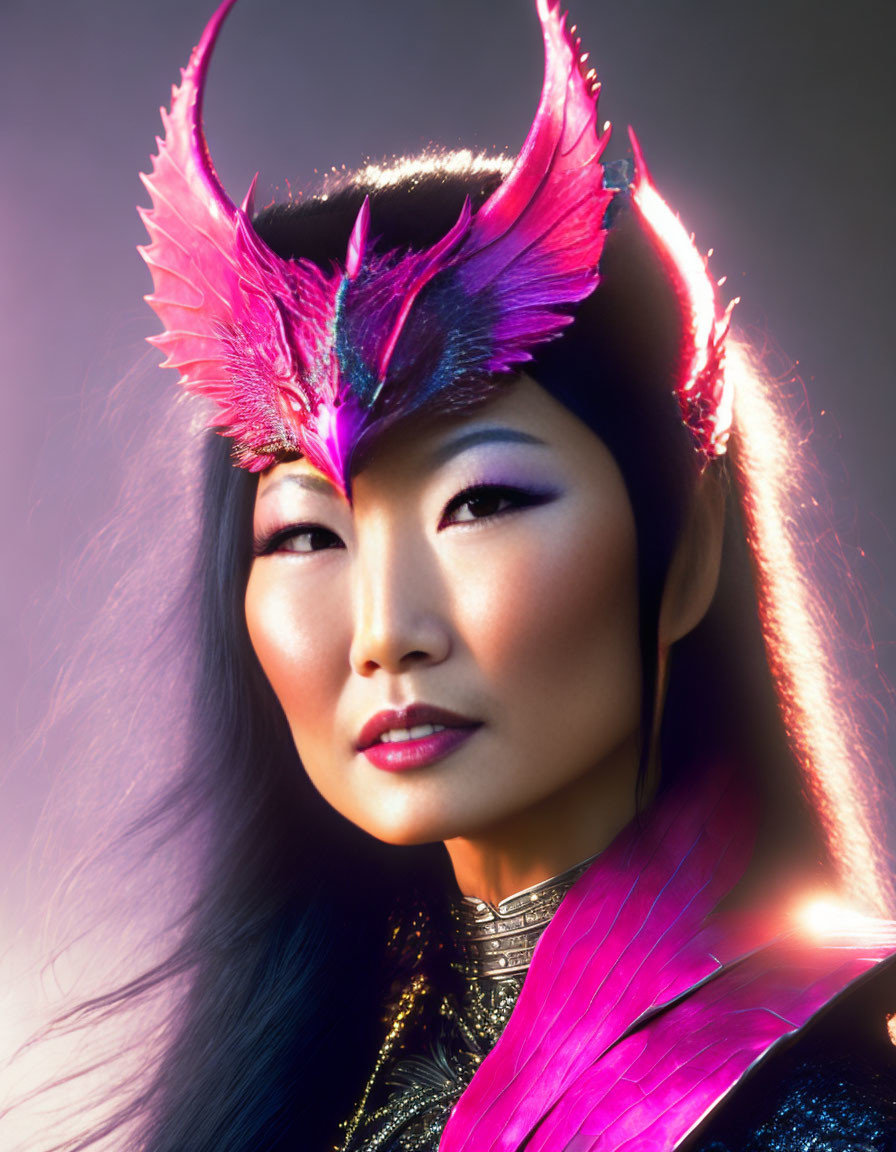 Colorful Feathered Headdress and Shoulder Piece on Person Against Soft Backdrop