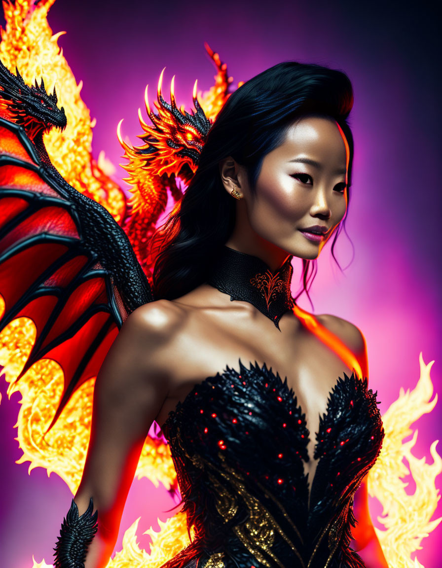 Asian woman elegantly poses with fiery dragon wings and flames backdrop