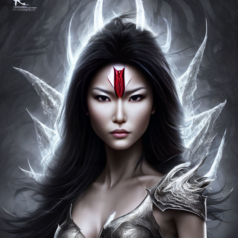 Dark Fantasy Female Figure with Long Black Hair and Bone-like Armor