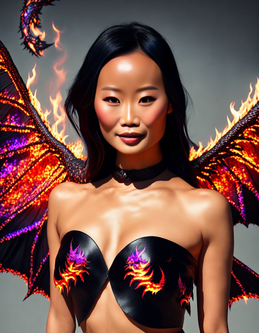 Majestic figure with fiery dragon wings and bold makeup