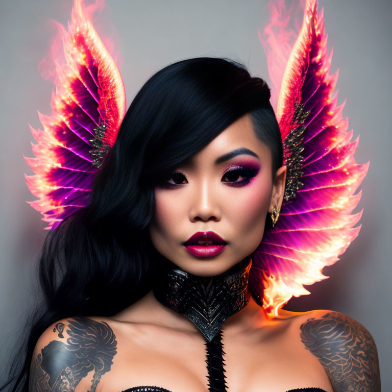 Woman with fiery wings, bold makeup, tattoos, and feathered collar