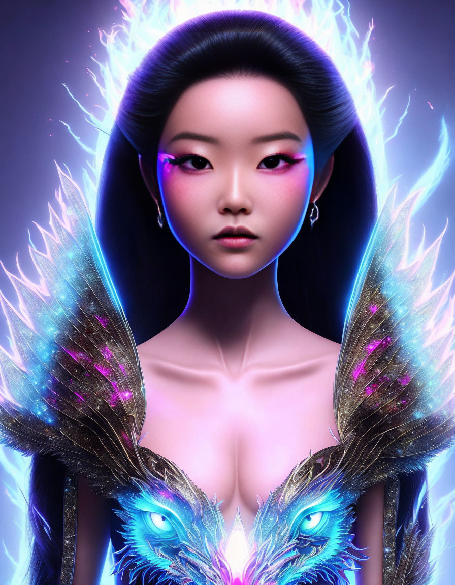 Digital portrait: Woman with glowing purple eyes, surrounded by blue flames and iridescent winged armor