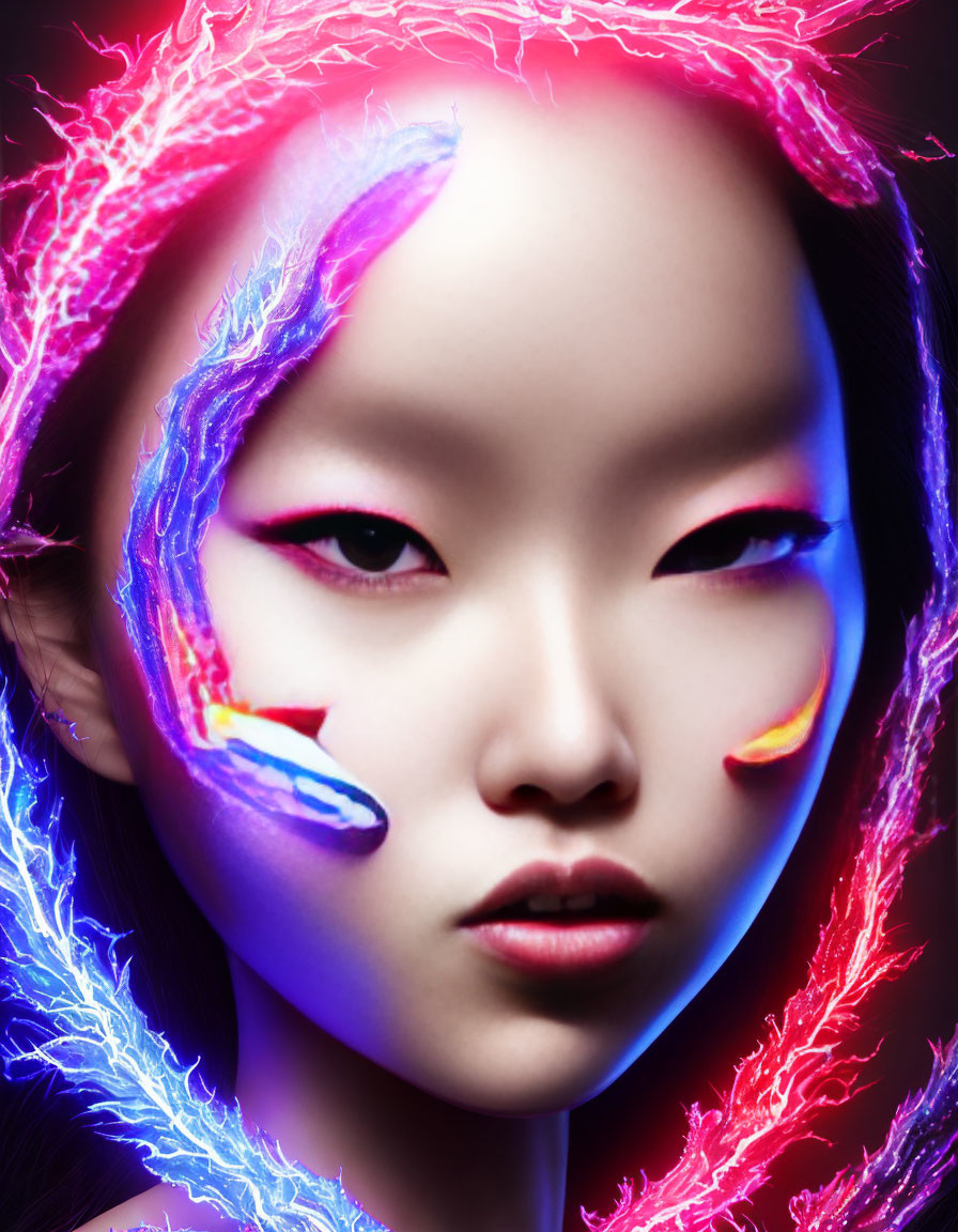 Vibrant neon makeup on woman with pink and blue light effects