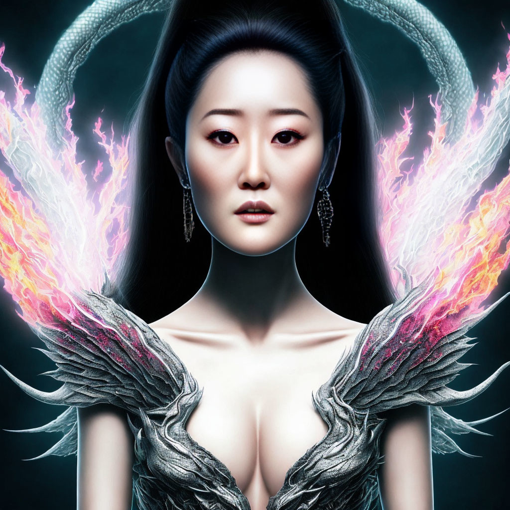 Symmetrical portrait of woman with pale skin, dark hair, flaming wings, and serpentine figures