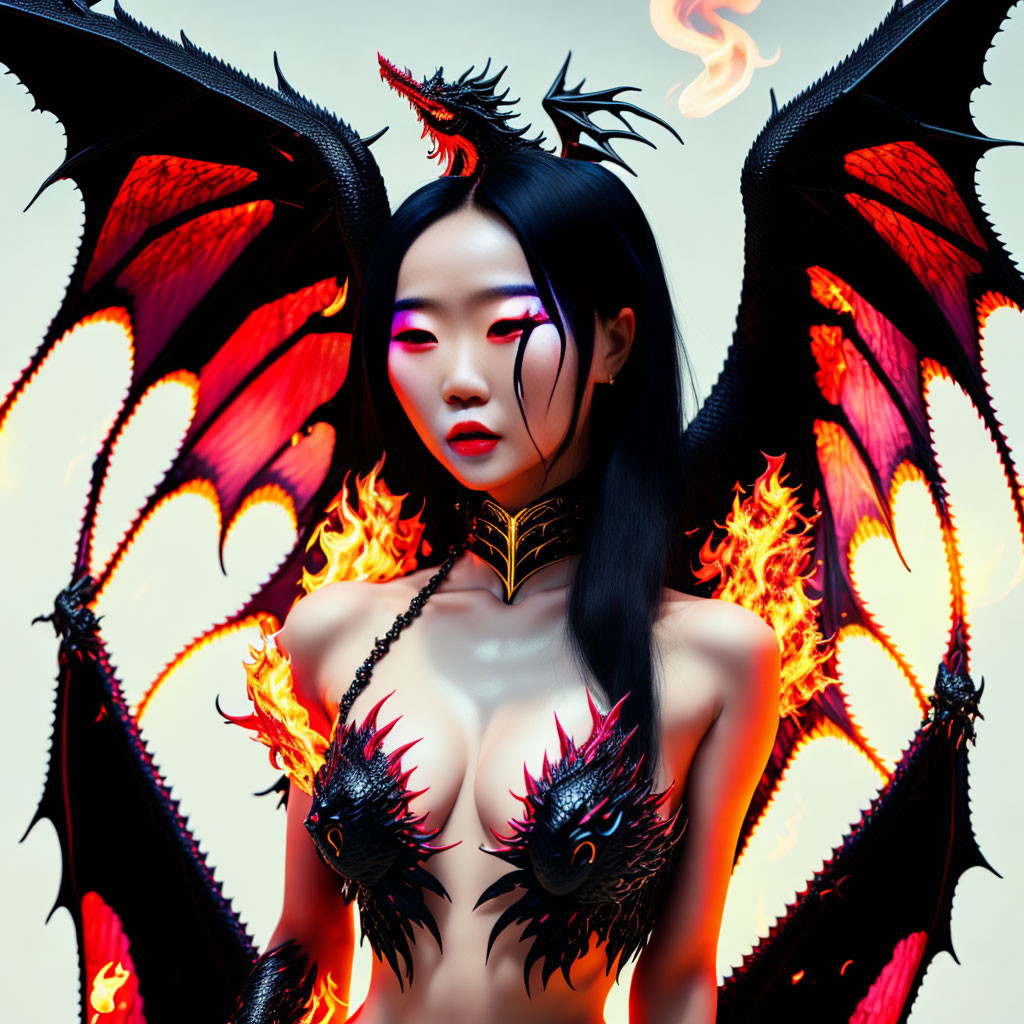 Woman with Dragon-Like Wings, Horns, and Fiery Elements