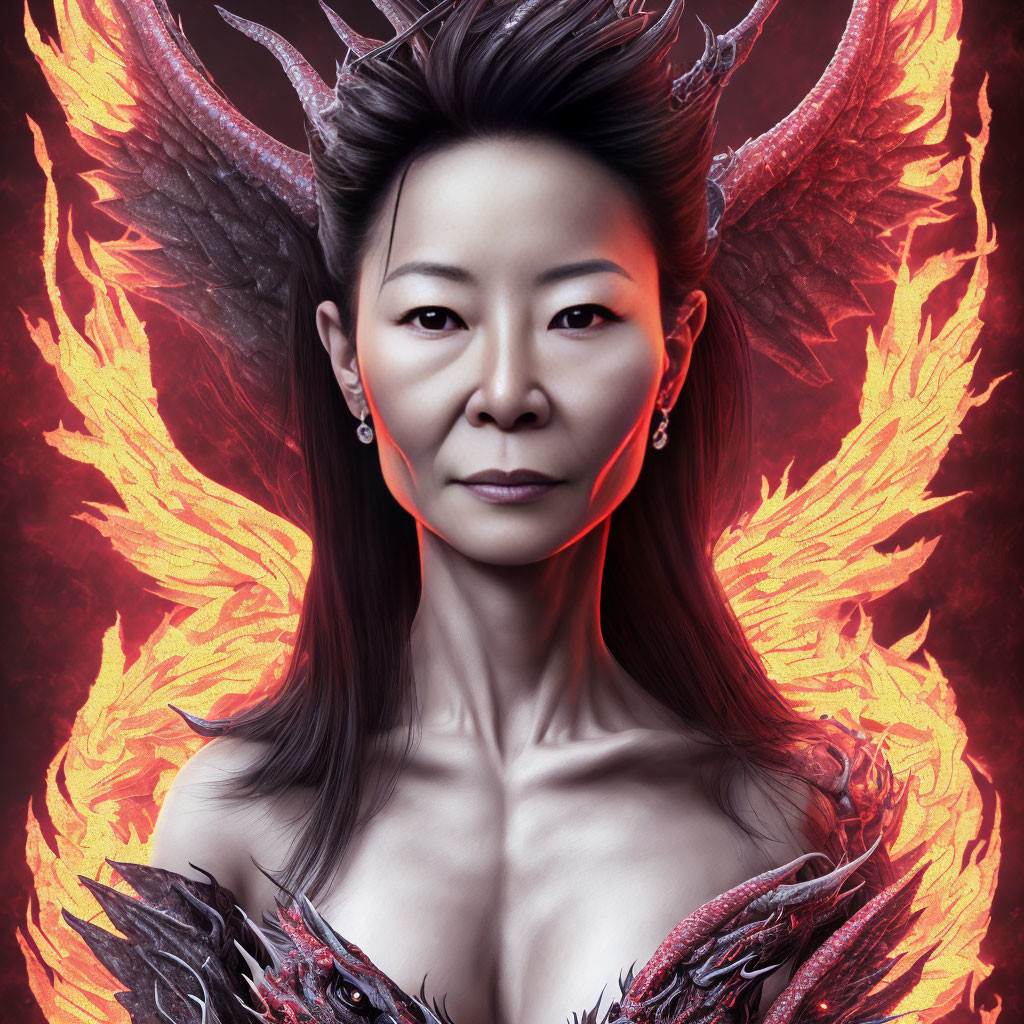 Woman portrait with intense gaze, fiery phoenix wings, dragon-like armor, red backdrop