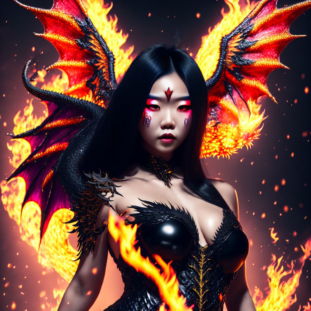 Woman in dragon-themed makeup and costume with fiery wings in ember-filled setting.