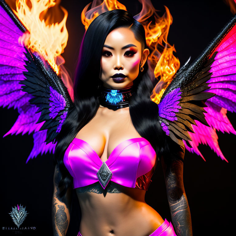 Elaborately tattooed woman with pink wings and flames in the background