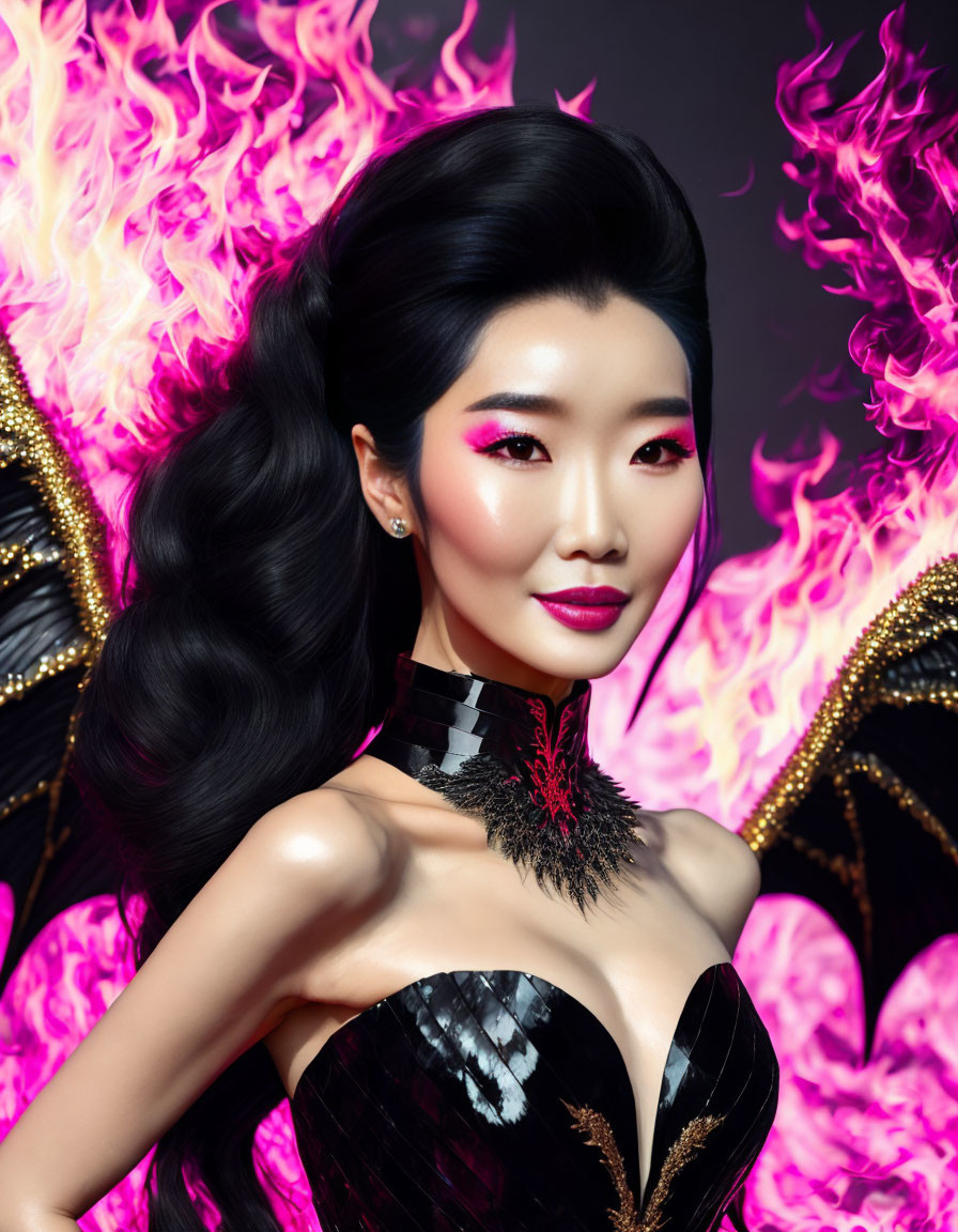 Elegant Woman with Wing-like Accessories and Striking Makeup in Fiery Backdrop