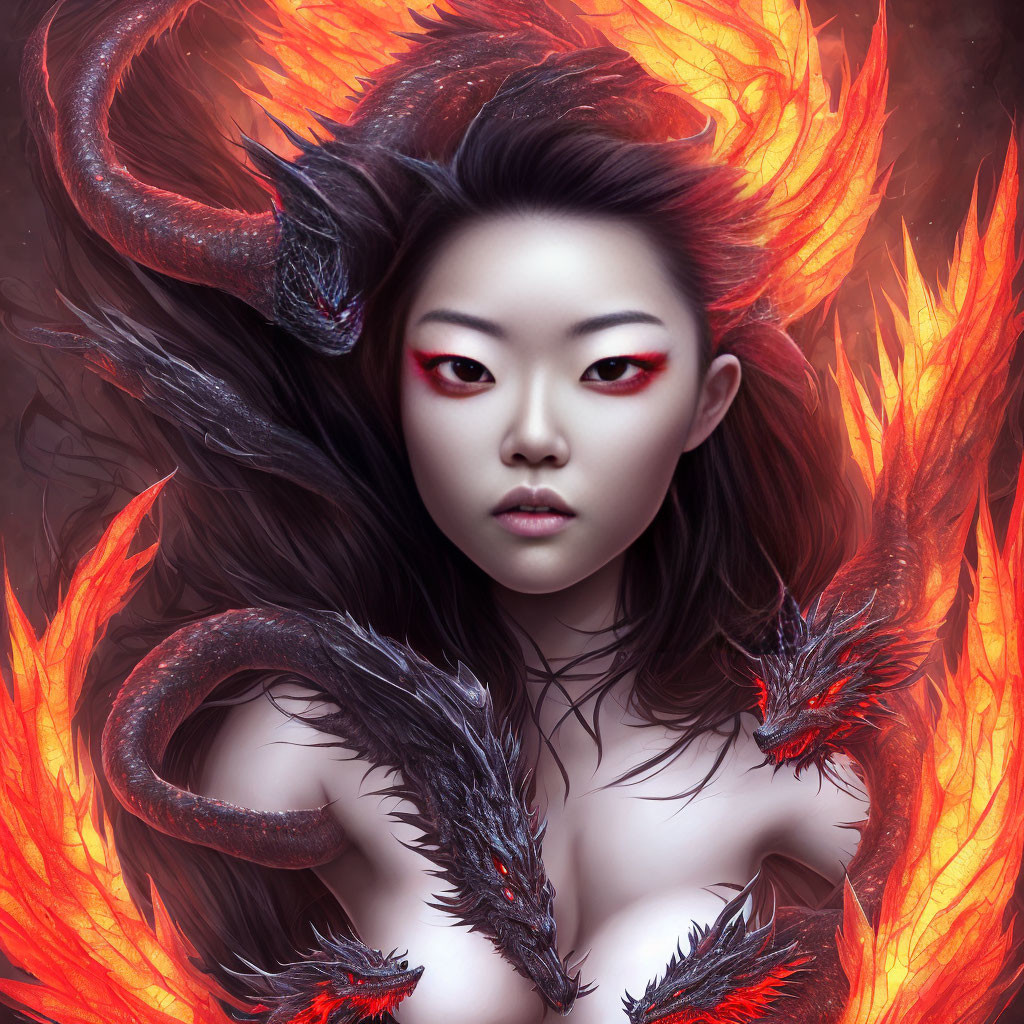 Digital artwork: Woman with horns and red eyes engulfed in flames and dragon-like creatures.