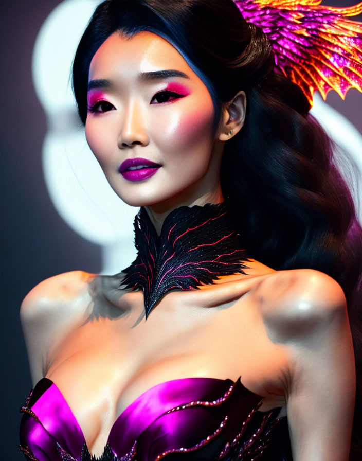 Vibrant pink makeup on woman in metallic purple outfit under circular lights