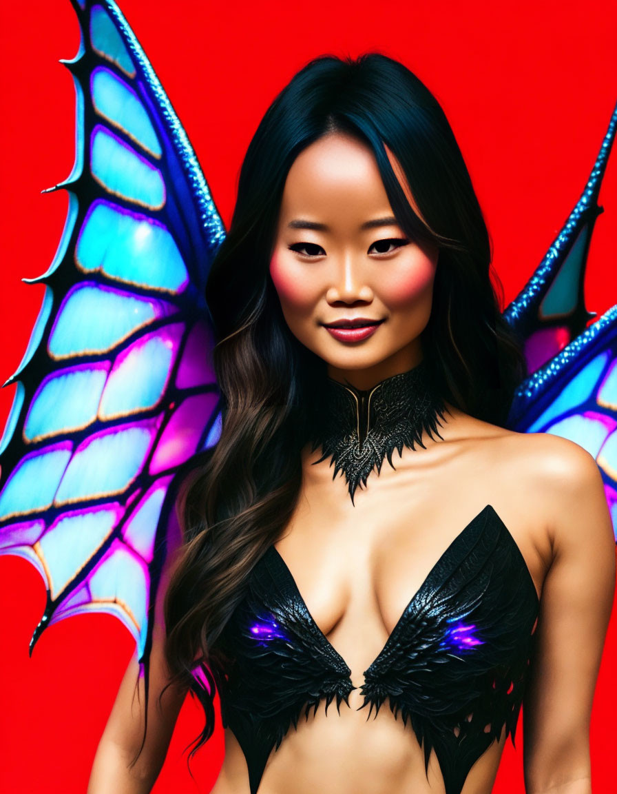 Ethereal Figure with Butterfly Wings on Red Background