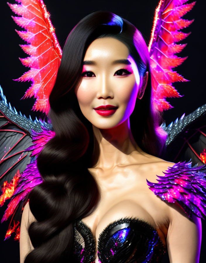 Dark-haired woman with red lipstick and colorful feathered wings on black background