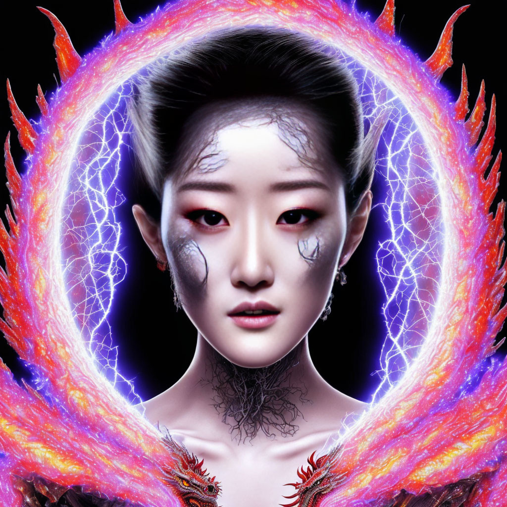 Striking red eyes and elaborate makeup in fiery cosmic theme