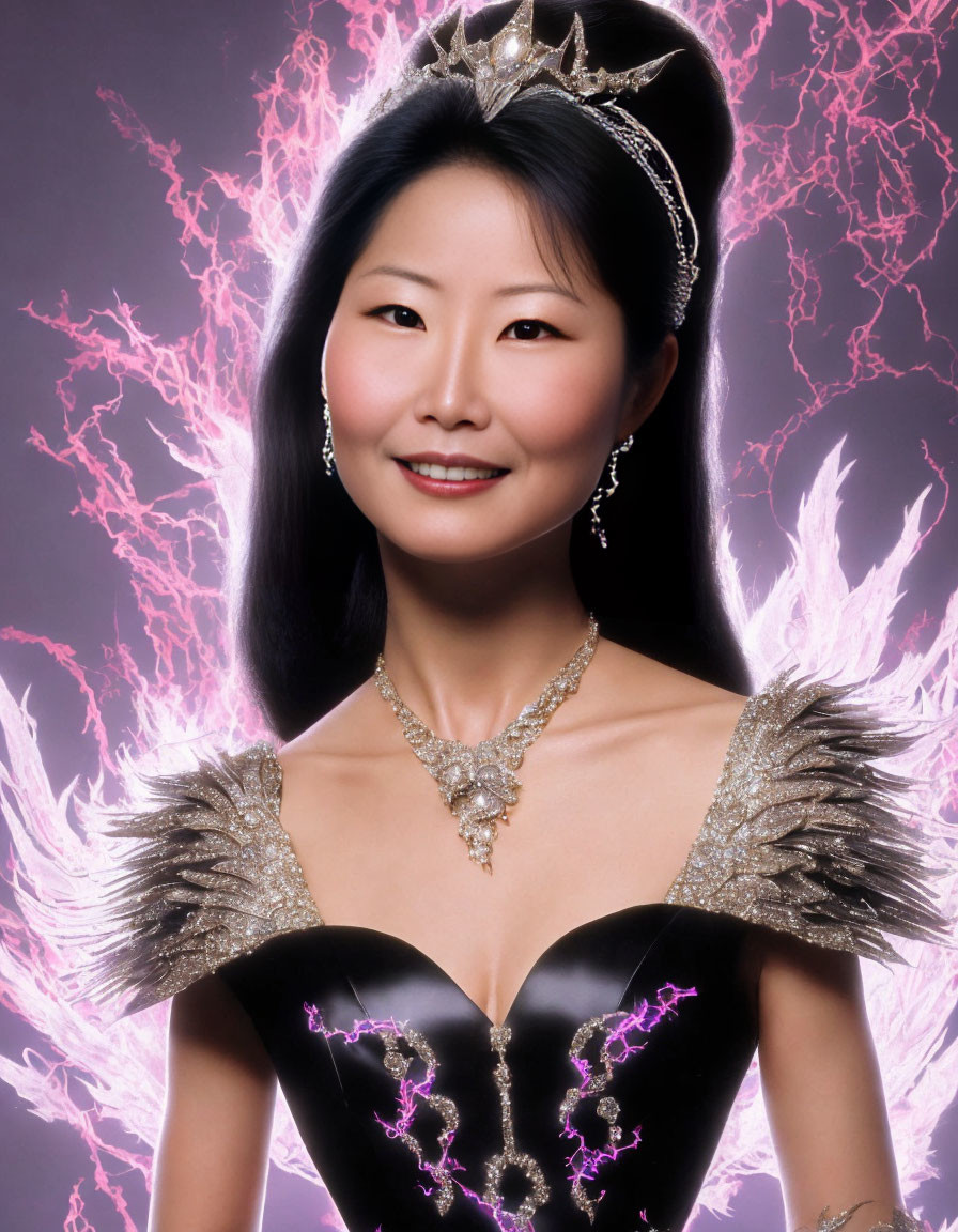 Smiling woman in tiara with black and gold gown on purple lightning backdrop