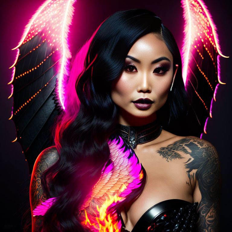 Dark-haired woman with elaborate tattoos, black outfit, choker, and fiery wings.