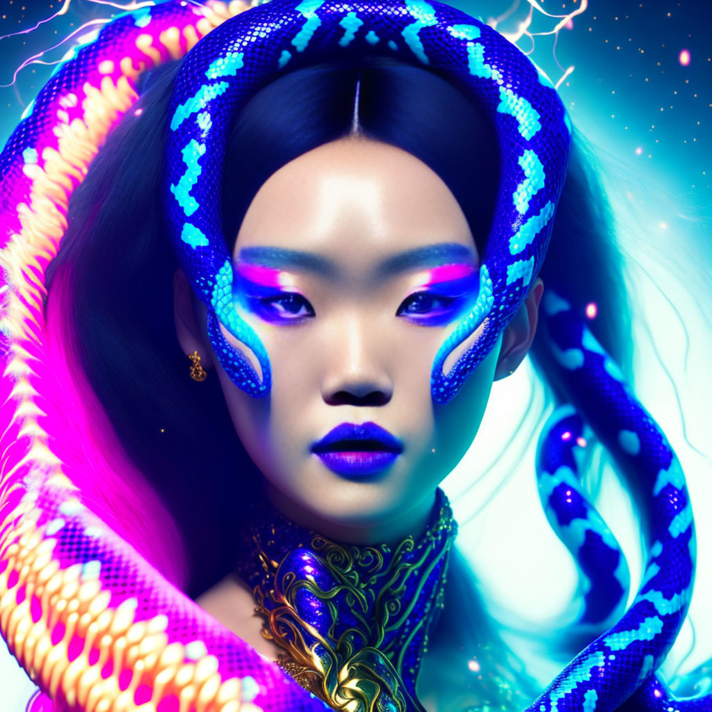 Colorful digital artwork: Woman with blue makeup and glowing snake