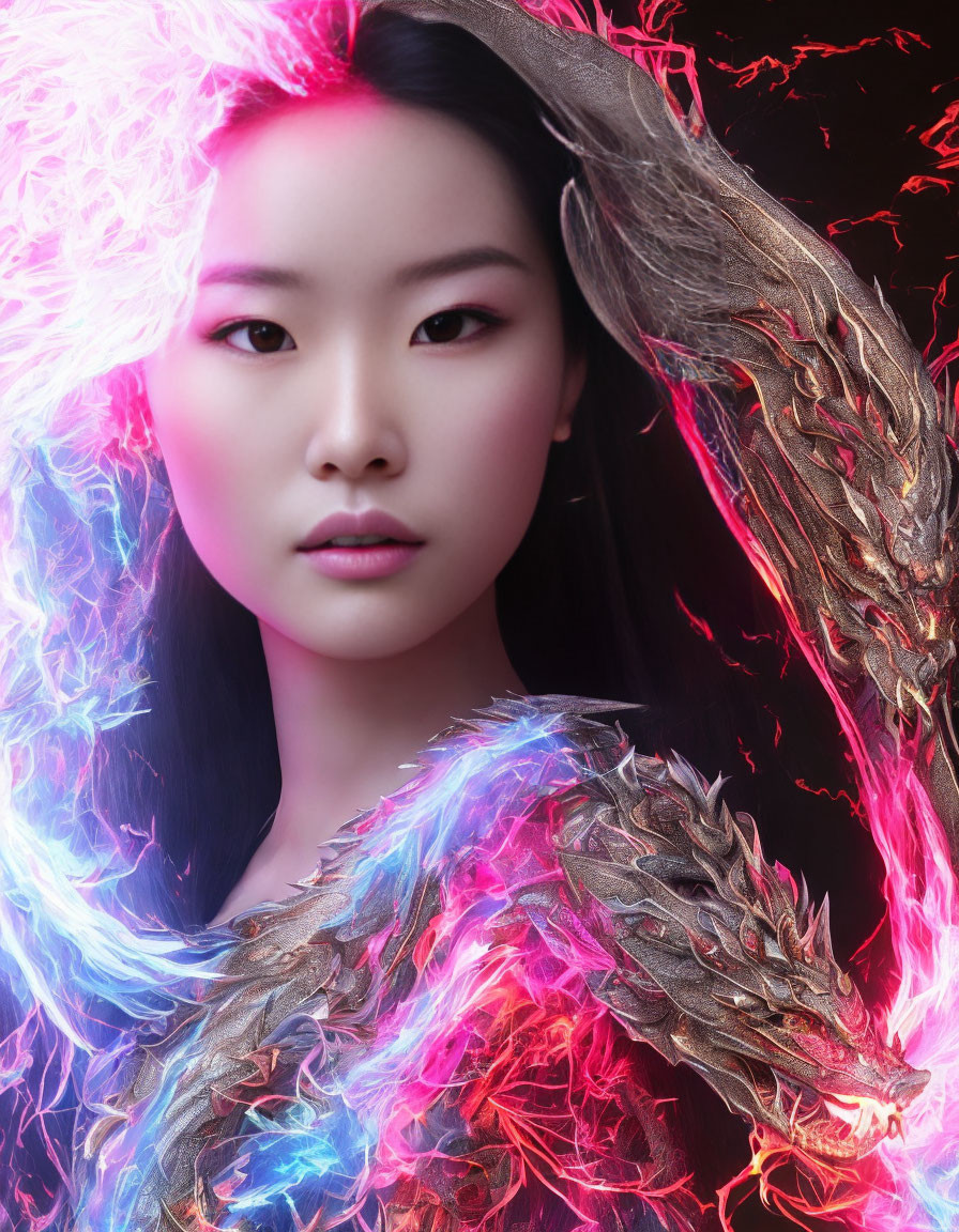 Asian woman portrait with intense gaze and neon lights, metallic feather shoulder embellishments