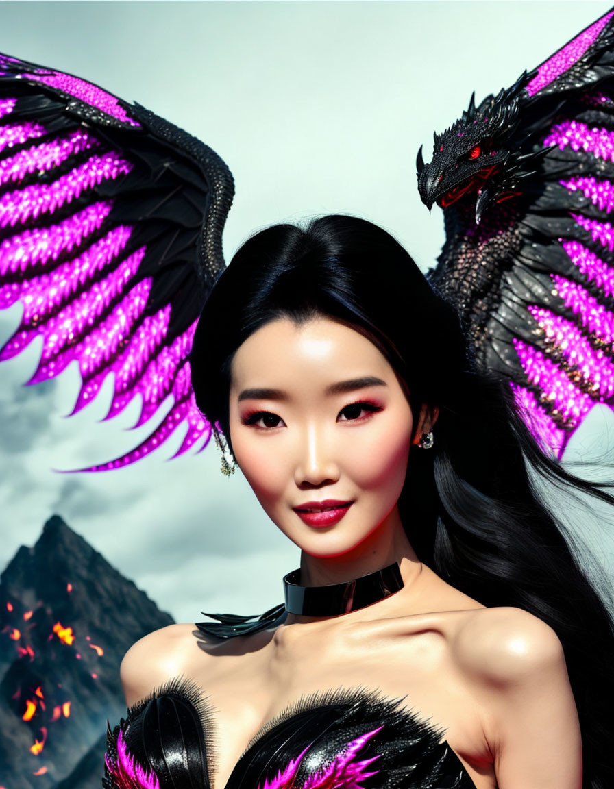 Digital artwork: Woman with black and pink wings and small dragon in mountainous landscape