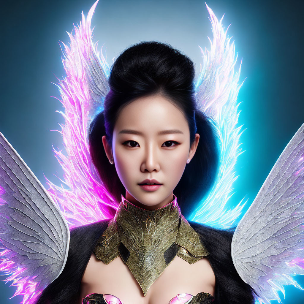 Digital artwork: Woman with intense gaze, neon pink and blue angelic wings, ornate armor