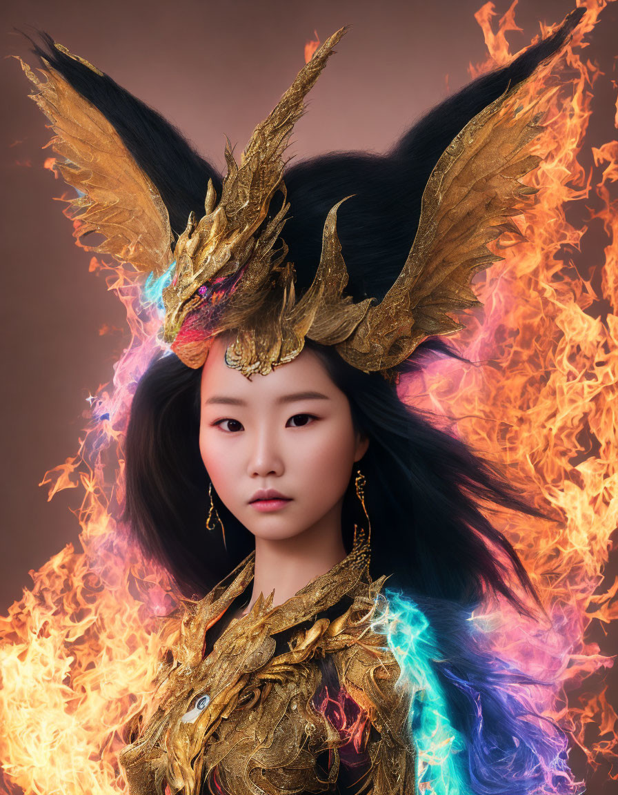 Woman in Gold and Black Headgear Surrounded by Blue Flames