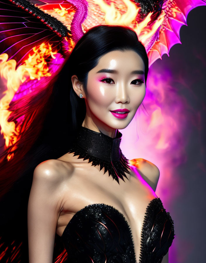 Sleek black hair woman poses with fiery dragon illustration in fantasy theme