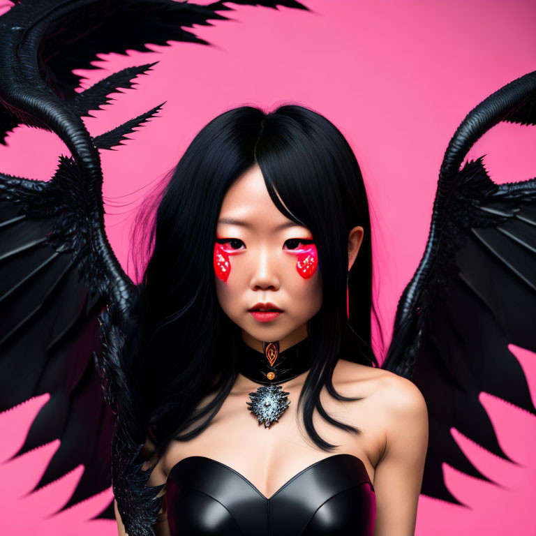 Woman with Black Angel Wings and Red Eye Makeup on Pink Background