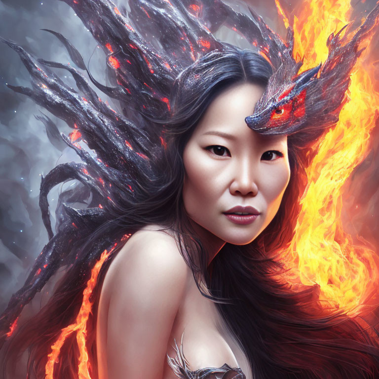 Dark-Haired Woman with Fiery Elements and Mystical Fish in Smoke and Flame Setting