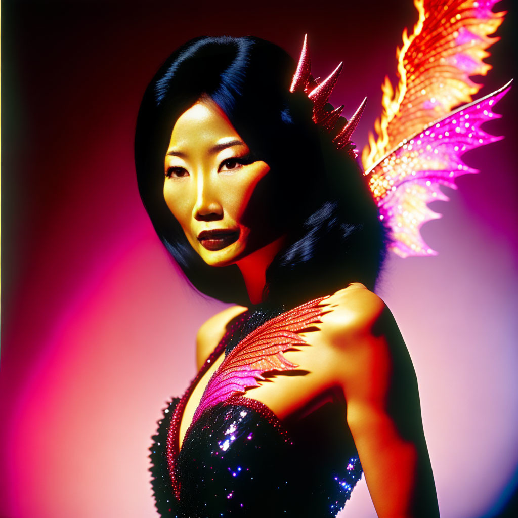 Woman with winged accessories and black hair on pink and purple gradient.