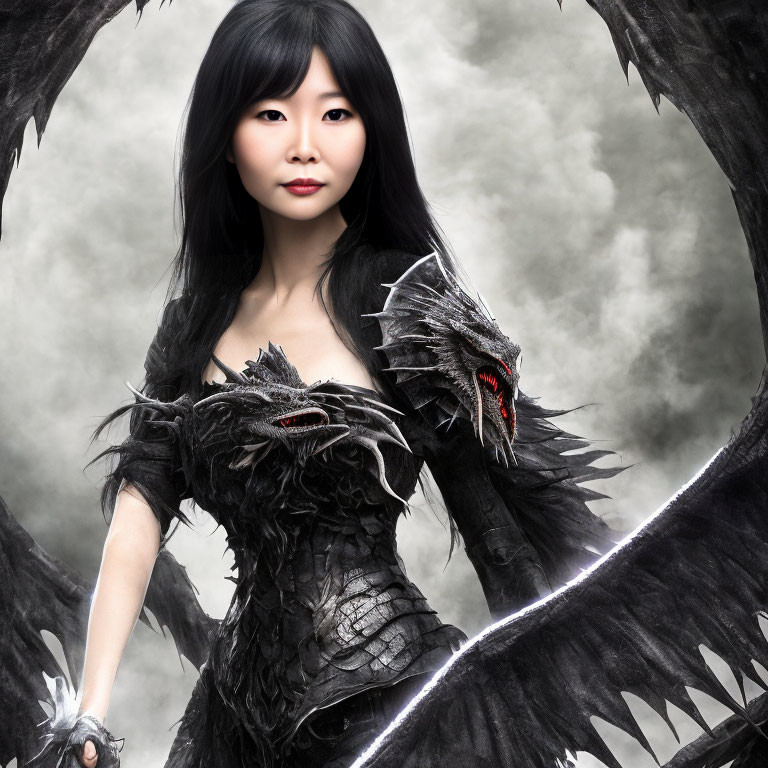 Fantasy armor-clad woman with dragon-like wings in misty setting