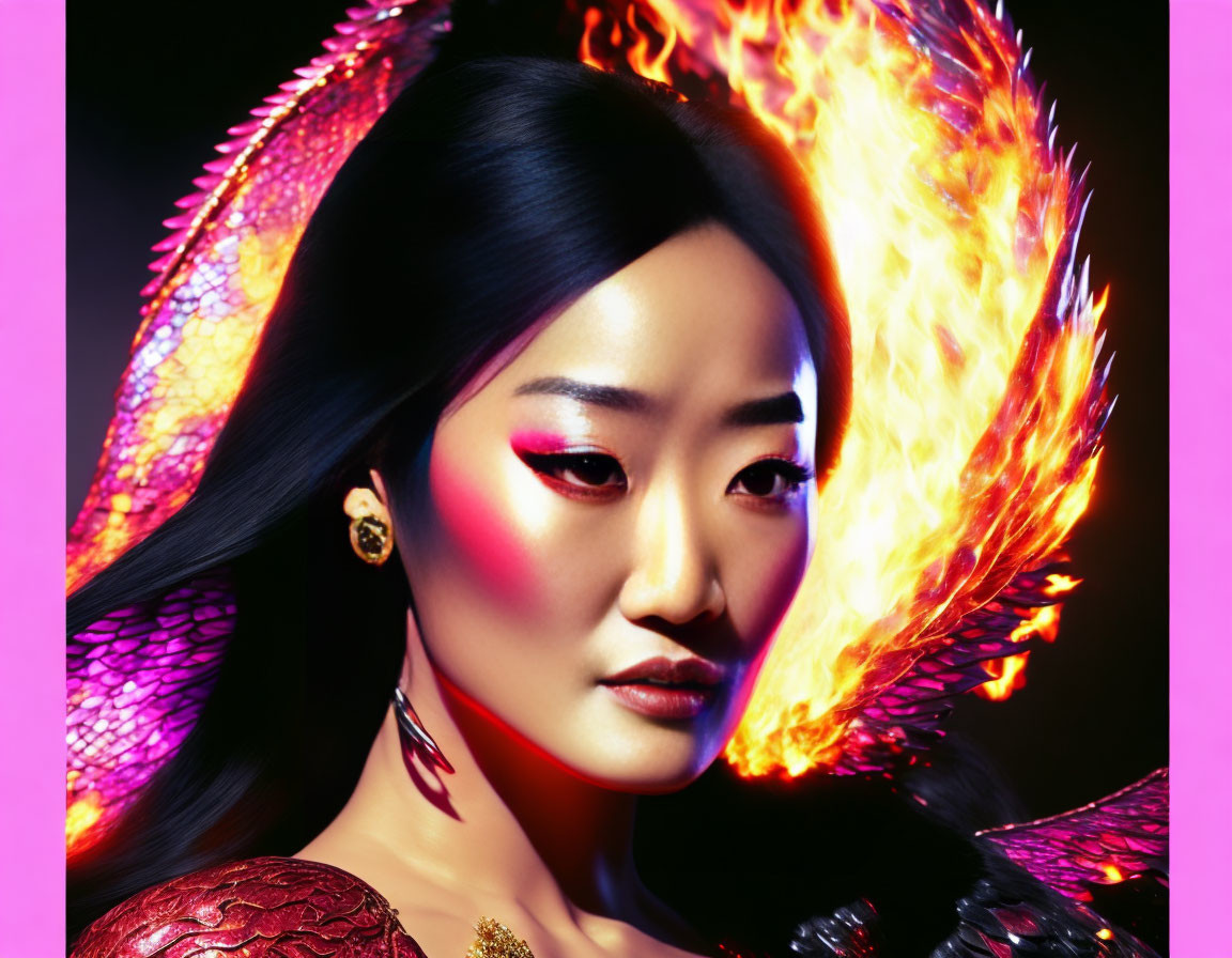 Fantasy-themed portrait featuring woman with striking makeup and flaming dragon wing