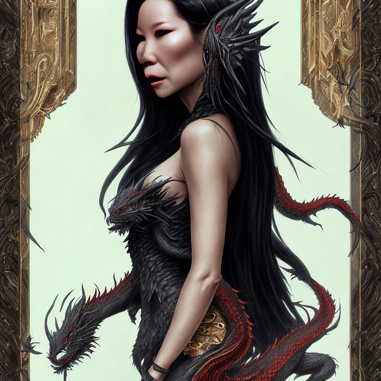 Black-haired woman in three-headed dragon armor with intricate design and mystical aura