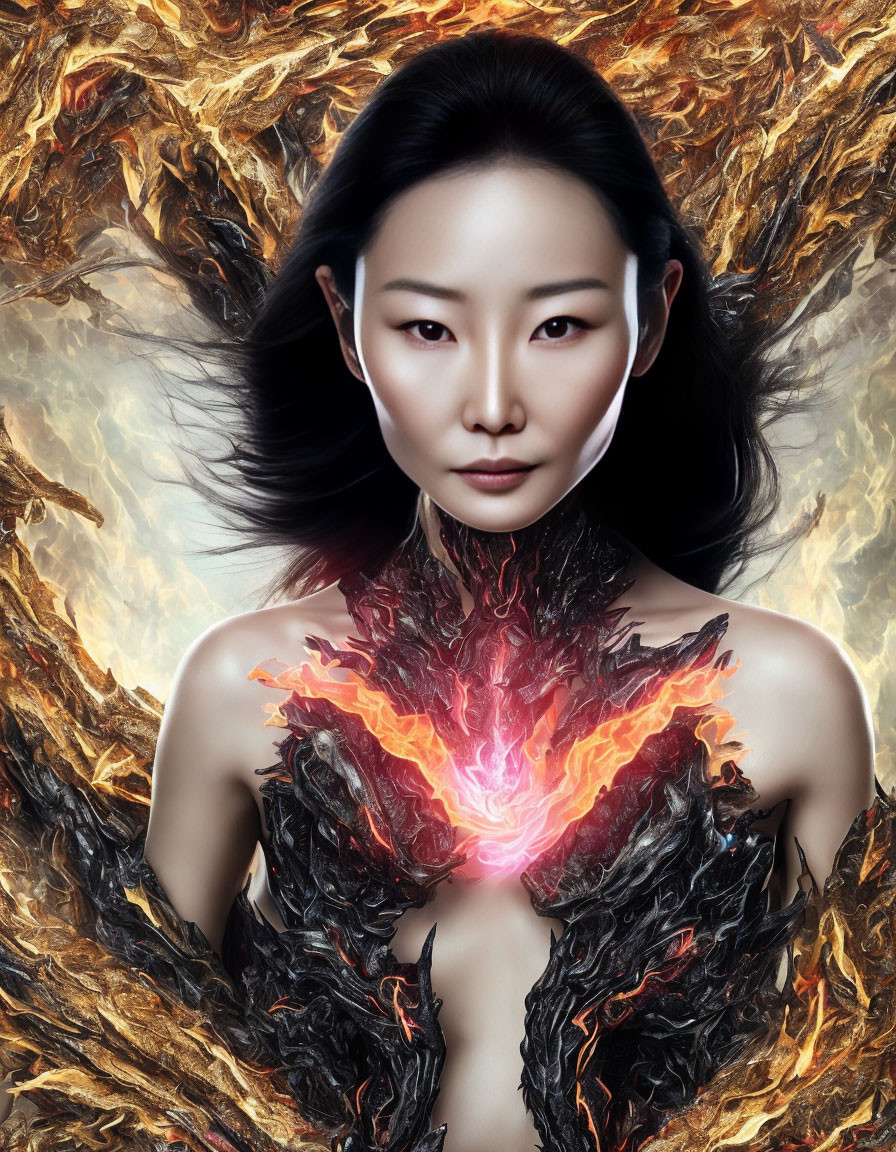 Ethereal woman with intense gaze holding glowing orb amid swirling flame-like patterns